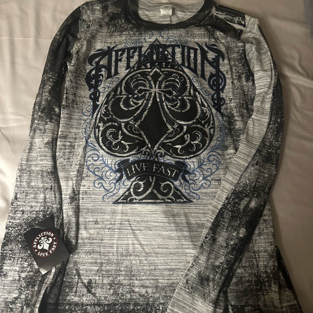 Affliction Gray and Black Graphic Long Sleeve Shirt